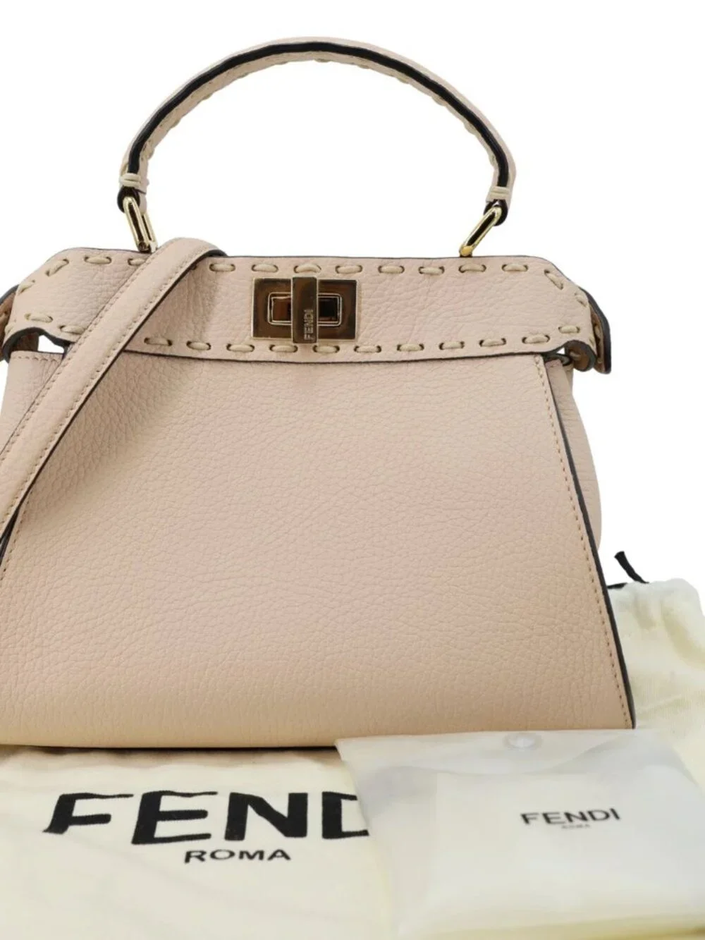Fendi Peekaboo Selleria Mini Cuoio Romano Leather Satchel Bag Beige
